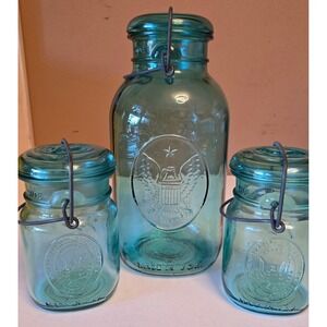 Vintage Ball Ideal Glass Mason‎ Jars Aqua Blue Wire Bail Lid Set of 3